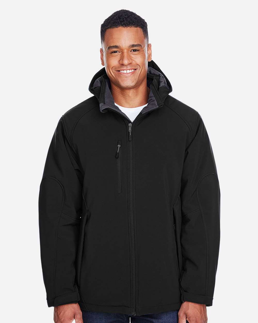 North End 88159 Men's Glacier Insulated Soft Shell Hooded Jacket with custom embroidery logo — front view — Only Custom Apparel Canada