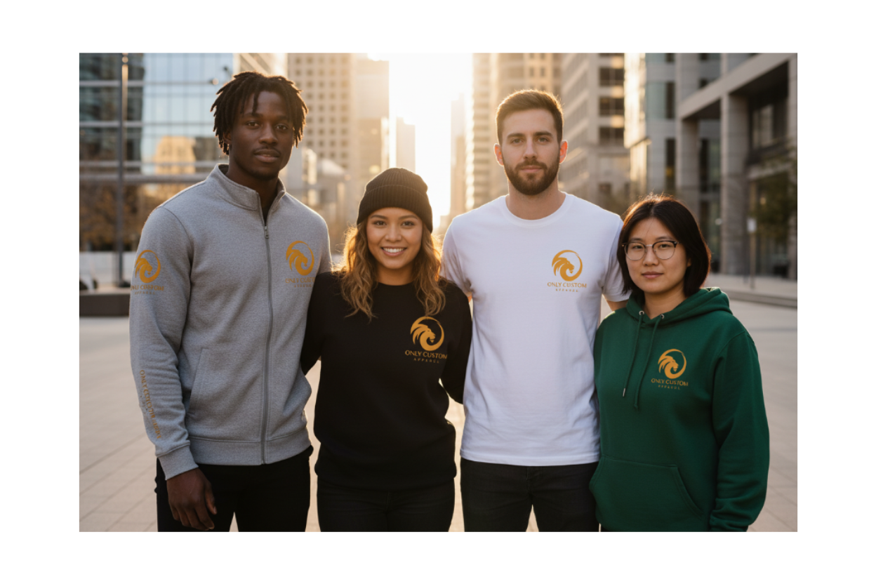 Team wearing custom branded apparel at a corporate event in Canada